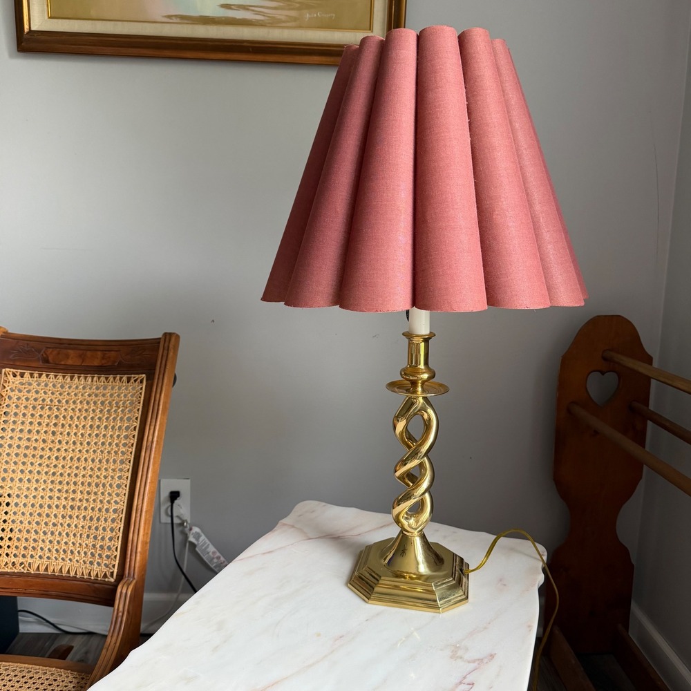 Vintage Brass Double Twist Spiral Table Lamp with Pink Accordion Pleat Shade 30" - Picture 2 of 6